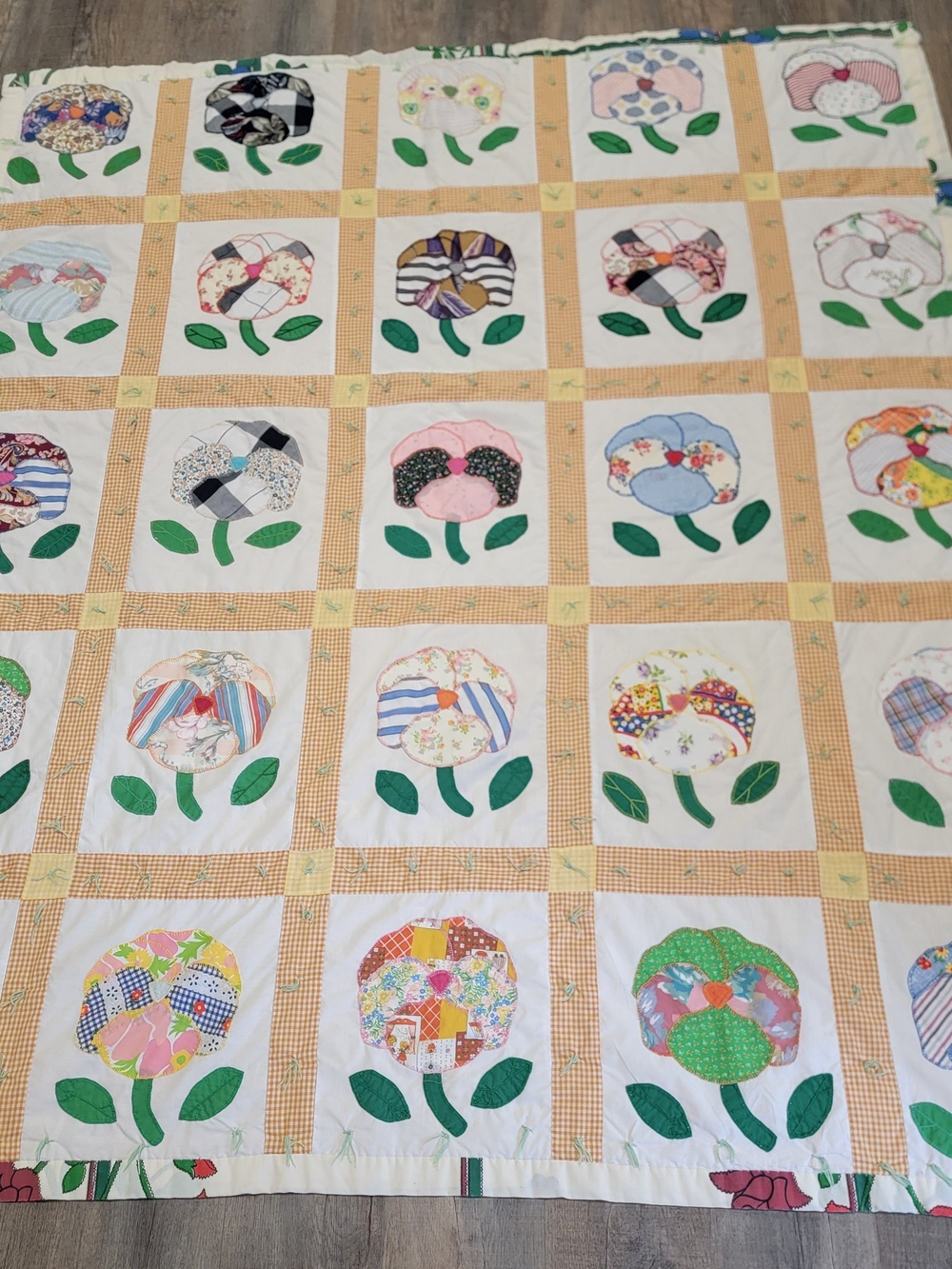 Handmade Patchwork Flower Quilt - Yellow Gingham Border, Multi-Color Appliqué